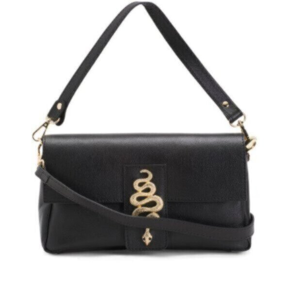 House of Harlow 1960 Genuine Leather Crossbody Handbag Black Italy Snake Accent - Picture 1 of 16
